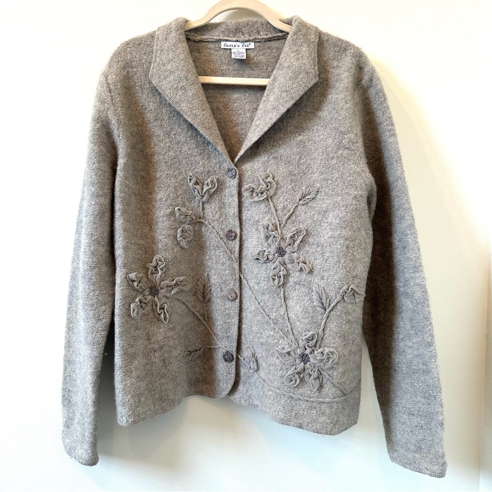 Eagle Eye grey wool cardigan tulle floral embellishment size large